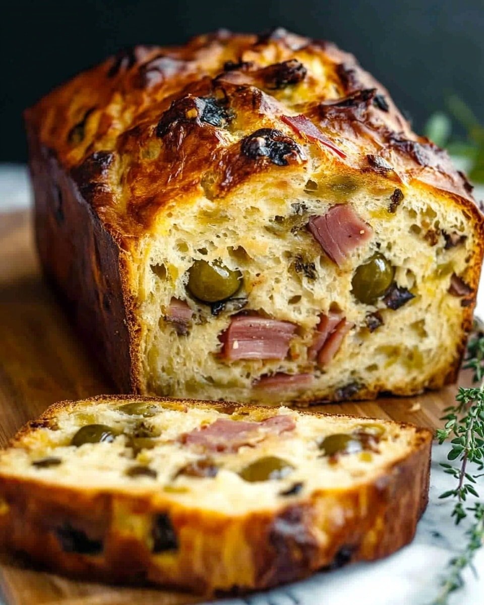The image shows a loaf of savory bread placed on a wooden board. The bread has a golden brown crust with darker browned spots and visible pieces of black olives and red chunks on top. The inside of the bread reveals three layers of soft, dense dough filled with green olives, black olive pieces, and red meat bits, creating a speckled look. At the front, one slice is cut and laying flat, showing the same fillings evenly spread inside. Next to the board, there are green herb sprigs adding a fresh touch. The photo taken with an iphone --ar 4:5 --v 6.1