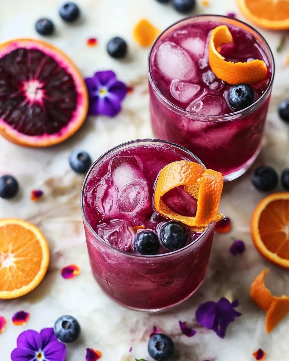 The image shows two clear round glasses filled with a deep purple-red drink with ice cubes floating on top. Each glass is garnished with a twisted orange peel resting on the surface of the drink. Around the glasses on the white marbled surface, there are slices of dark red blood orange, whole blueberries, small dark purple flowers, and scattered small orange flower petals. The drink looks cold and refreshing with a rich color contrast between the orange peel and the purple-red drink. photo taken with an iphone --ar 4:5 --v 6.1