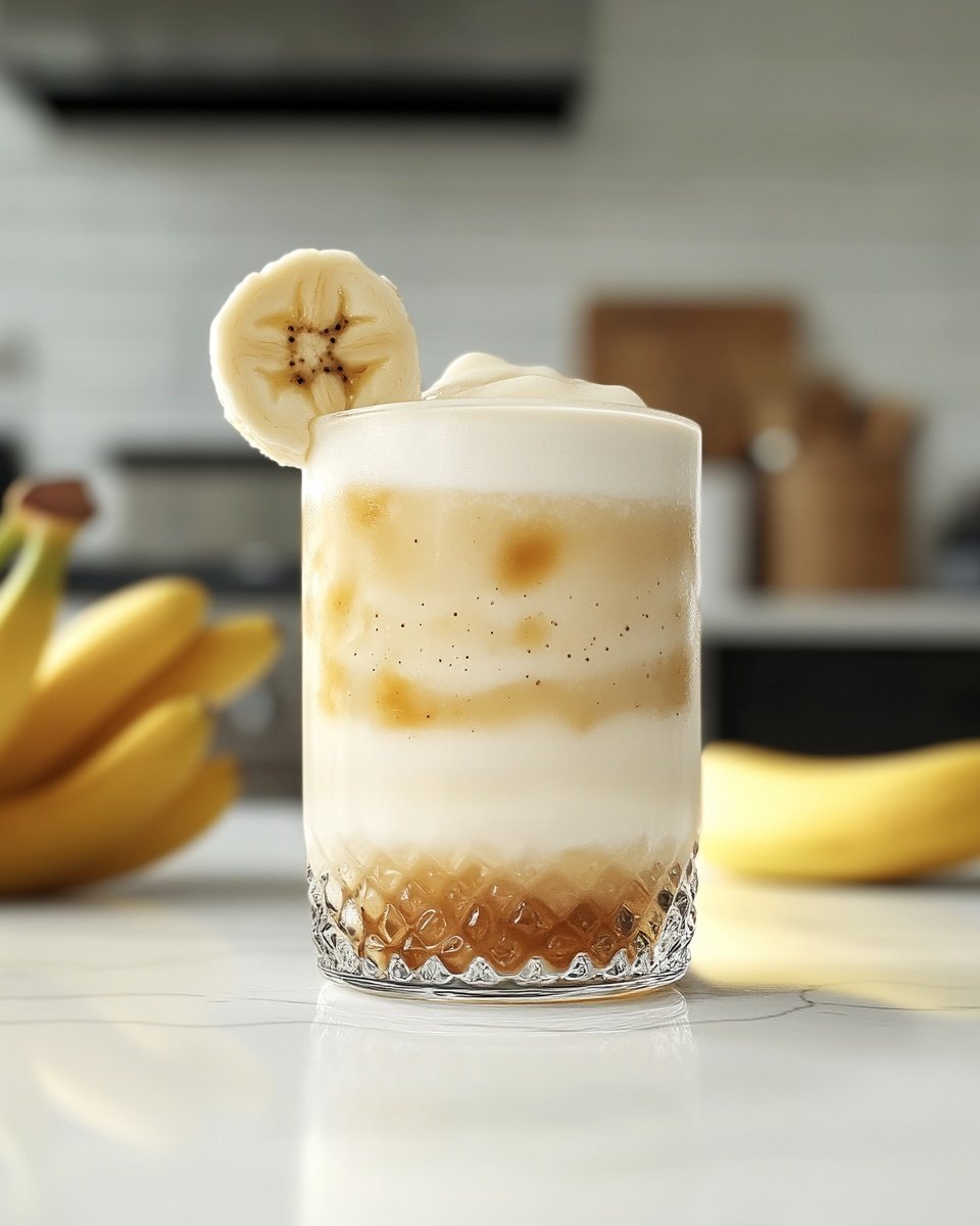 A clear glass with a textured bottom holds a three-layered banana drink placed on a white marbled countertop. The bottom layer is a translucent light brown, the middle layer is a creamy pale yellow with swirls blending into the bottom, and the top layer is frothy and white with ice cubes visible underneath. A slice of banana with brown speckles is placed on the rim of the glass. Yellow bananas with brown spots are placed on both the left and right sides of the glass on the white marbled surface. The blurred background includes kitchen tools and a copper pot against white tiled walls. Photo taken with an iphone --ar 4:5 --v 6.1