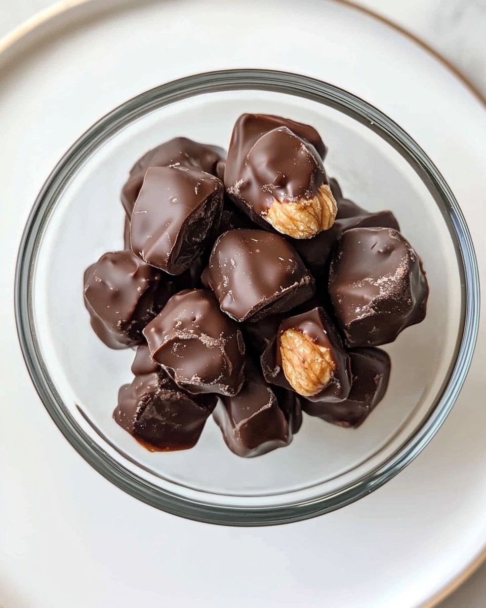 A small clear glass bowl filled with several pieces of dark chocolate-covered treats, each with a shiny and slightly textured chocolate layer showing folds and lumps. Some pieces have a hint of caramel or nut color peeking through where the chocolate coating is thinner. A few pieces are topped with tiny crystals of coarse salt, adding a slight sparkle. The bowl is placed on a clean white plate, all set on a white marbled surface, with soft natural light highlighting the rich brown and golden colors. photo taken with an iphone --ar 4:5 --v 6.1
