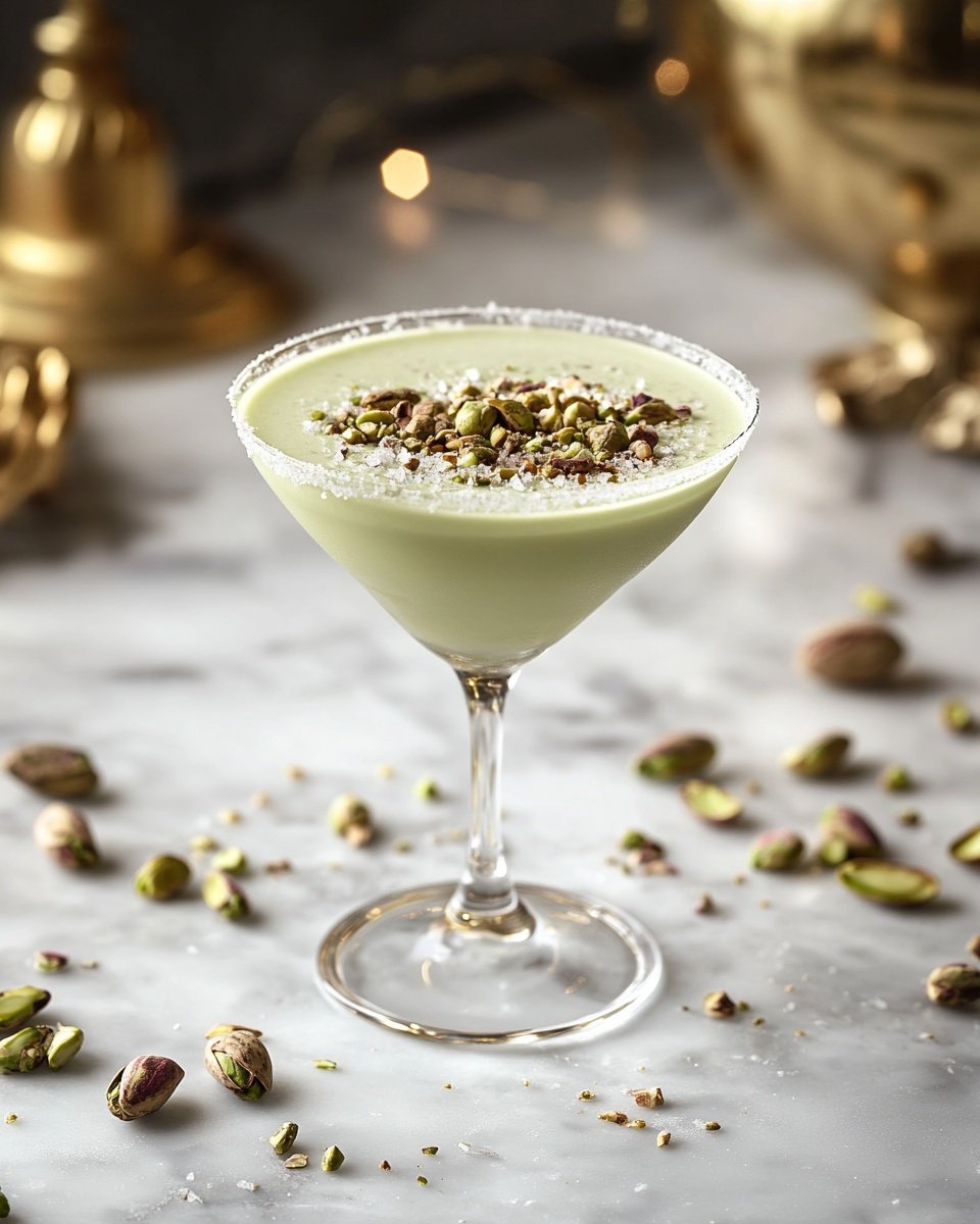 A clear glass martini glass holds a pale green creamy drink that fills the glass near the top. The edge of the glass is coated with a white sugar-like rim. On the drink's surface, there is a mix of crushed and whole pistachio nuts scattered evenly. The glass is placed on a white marbled surface with some pistachio nuts and small pieces spread around, and a blurred metallic gold pitcher is seen in the background to the right. photo taken with an iphone --ar 4:5 --v 6.1