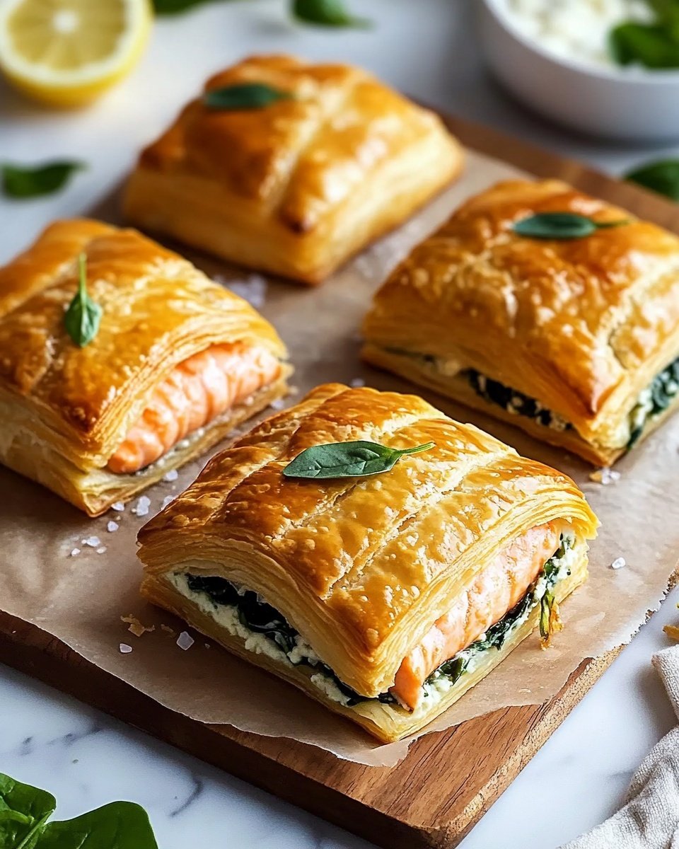 Four pieces of golden brown pastry-wrapped salmon with a shiny, crisp surface, each square-shaped with a small green herb sprig on top. The pastry has visible layers with a light and flaky texture, enclosing pink salmon fillets surrounded by dark green spinach inside. They are placed on brown parchment paper over a wooden board, with fresh green herbs scattered around. The background shows part of a white marbled surface and a white plate with lemon slices. Photo taken with an iphone --ar 4:5 --v 6.1