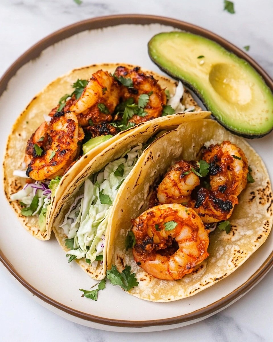 Two tacos sit side by side on a white plate with a slightly rustic rim, placed on a soft pink cloth over a white marbled surface. Each taco has two layers of soft yellow corn tortillas. The first layer inside the taco is a bed of shredded white cabbage mixed with some green herbs, giving it a crunchy texture. On top of the cabbage lies a generous amount of cooked shrimp, grilled with a deep orange and brown color, speckled with fresh green herbs. Nestled among the shrimp are thin, long slices of green vegetables and smooth, pale green slices of avocado arranged neatly on one side. In the background, a wedge of lime and half an avocado are visible. The photo taken with an iphone --ar 4:5 --v 6.1