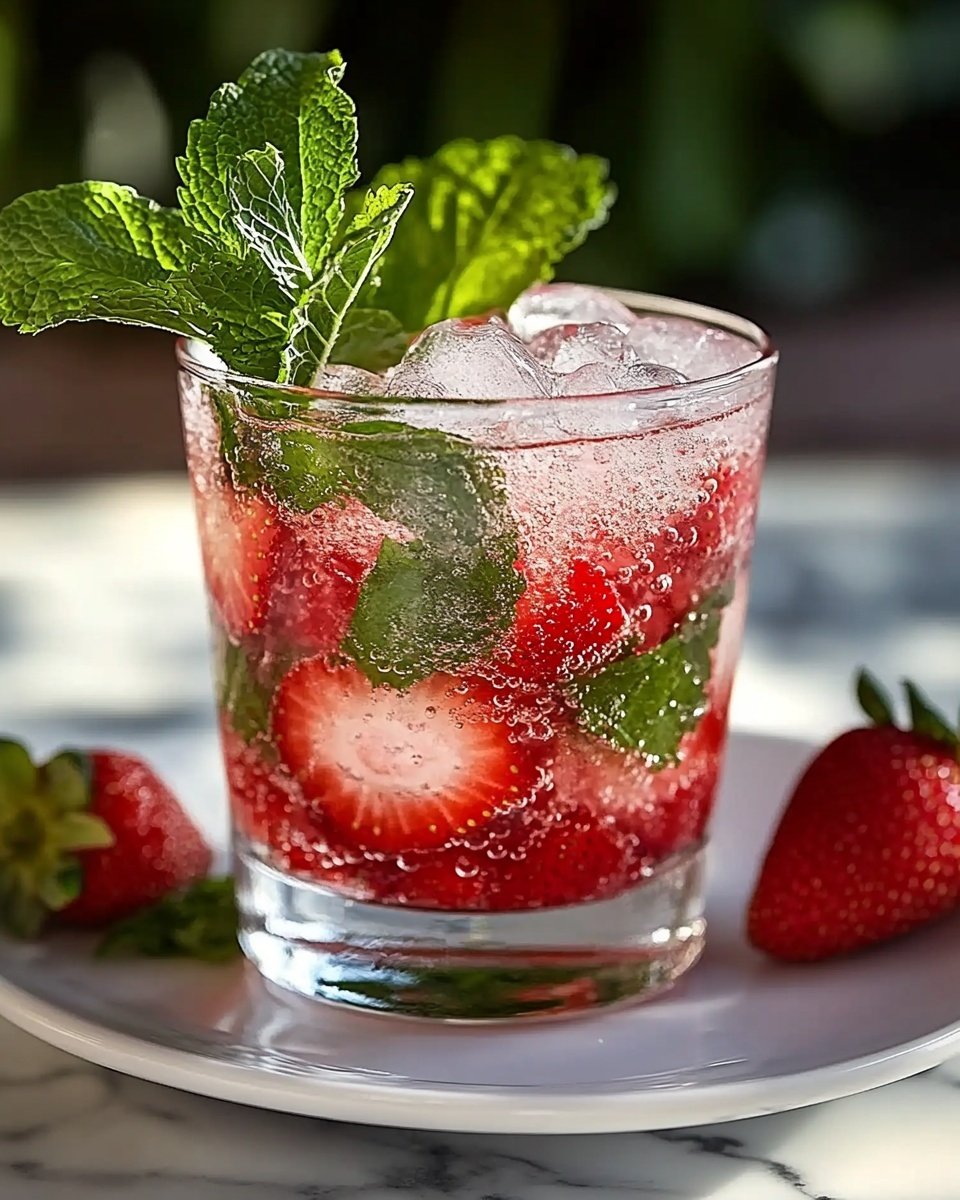 A clear glass filled with multiple layers shows a fresh drink: at the bottom, bright red mashed strawberries create a textured base, above them light pink sliced strawberries mixed with fresh green mint leaves sit in sparkling clear liquid full of bubbles, topped with crushed ice and a small bunch of vibrant green mint leaves. The glass is placed on a white plate next to two shiny whole strawberries with green tops. The background is a white marbled surface with soft sunlight shining on the scene. Photo taken with an iphone --ar 4:5 --v 6.1