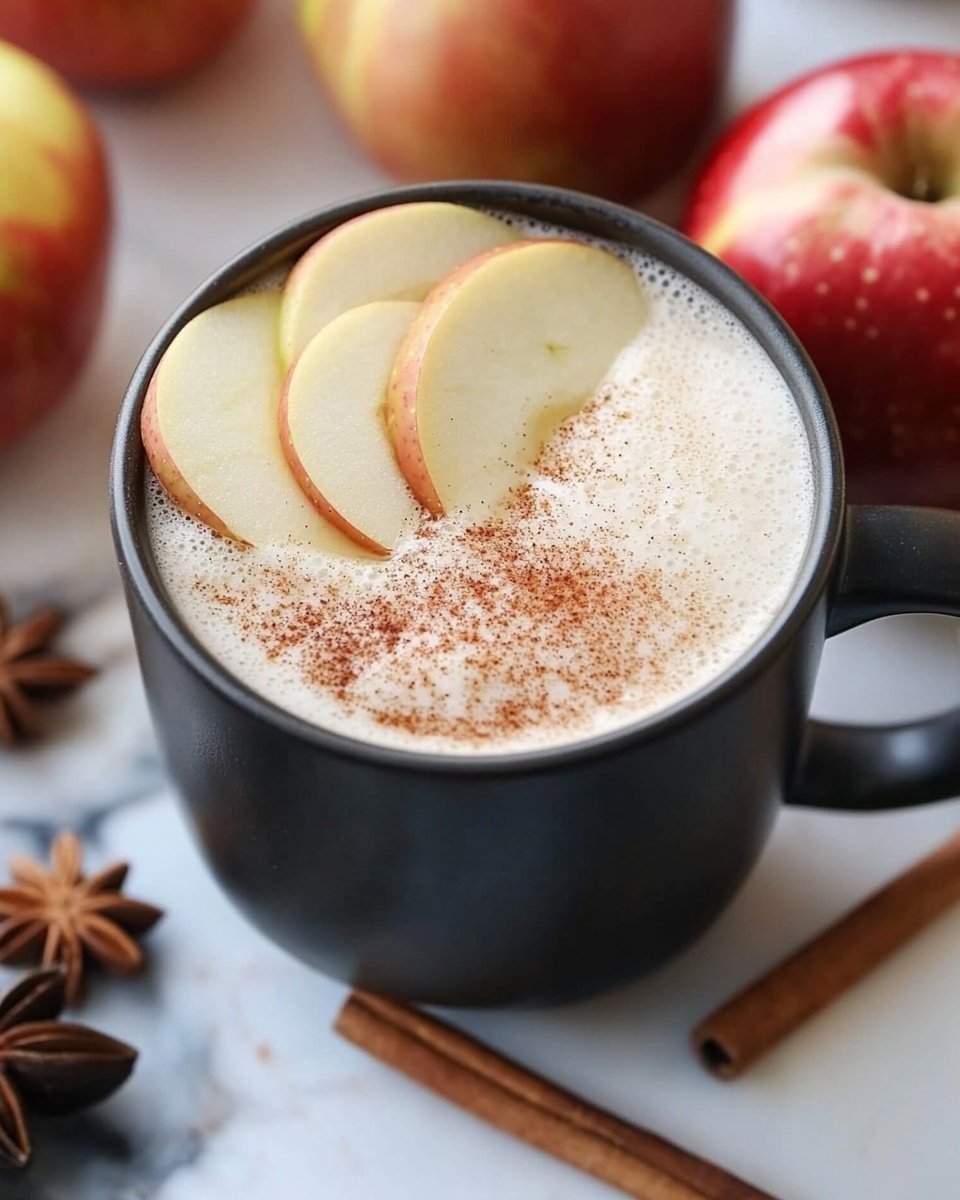 A dark gray mug filled with a frothy, light beige drink sits on a white marbled surface. On top of the foam, thin slices of apple are arranged in a slight curve, and there is a dusting of ground cinnamon spread evenly over the foam and apple slices. Around the mug, whole red and yellow apples and apple halves with visible seeds are scattered, along with two cinnamon sticks lying beside the mug. The photo looks warm and cozy with soft natural light, photo taken with an iphone --ar 4:5 --v 6.1