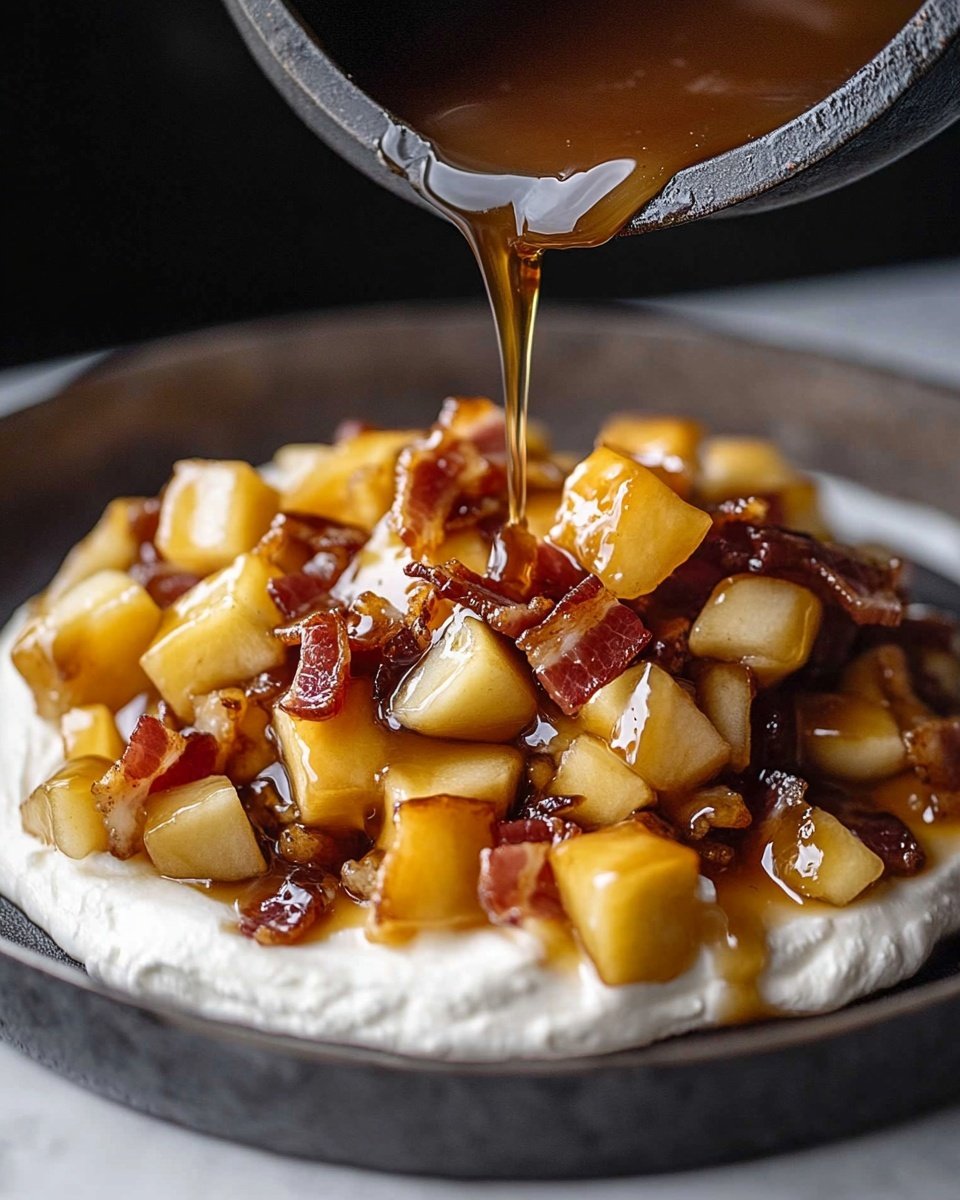 A close-up image shows a white plate with a thick base layer of smooth, creamy white cheese spread evenly in a wide circle. On top, a woman’s hand is tilting a black skillet, pouring a shiny, sticky topping made of small, evenly cubed pieces of golden-brown cooked apples mixed with darker caramelized bits, all coated in a glossy sauce that drips as it lands on the cheese. The background is softly blurred with a warm but simple wooden table surface replaced by white marbled texture. The focus is mainly on the textures and colors of the fruit topping and the creamy base creating a rich contrast. photo taken with an iphone --ar 4:5 --v 6.1