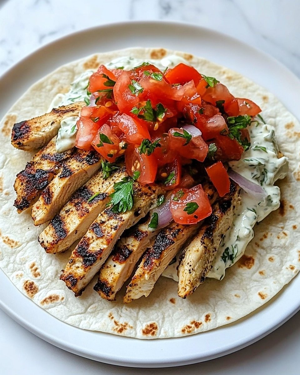 The dish is stacked with three main layers on a white plate set on a white marbled surface. The bottom layer is a flat, round piece of flatbread with light browns and soft texture. On top of the flatbread are sliced cherry tomatoes and small pieces of red onion, adding pops of bright red, yellow, and purple colors. The middle layer is a generous pile of grilled, golden-brown meat strips with visible char marks and sprinkled bits of green herbs. The top layer is a dollop of creamy white sauce mixed with finely chopped green herbs, giving a fresh look. photo taken with an iphone --ar 4:5 --v 6.1