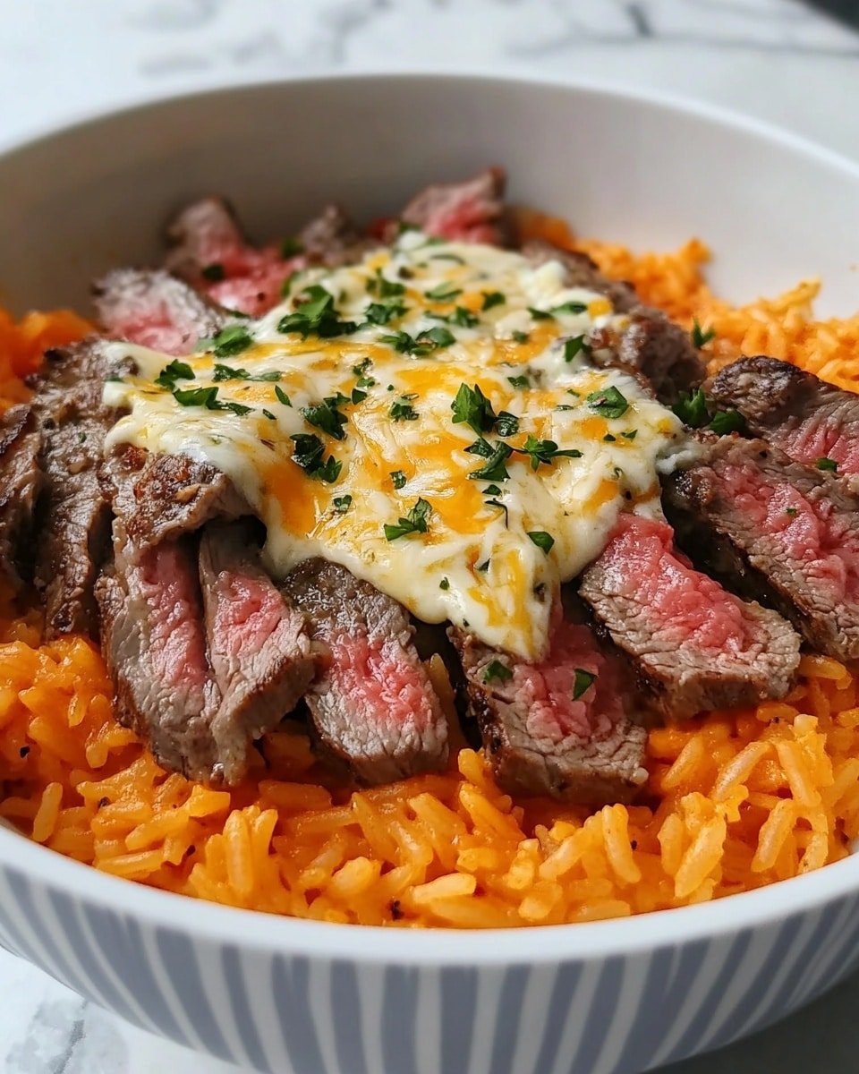 A bowl filled with two main layers: the bottom layer is orange-colored rice with visible grains and some small bits of red pepper mixed in, creating a textured look; the top layer consists of medium-rare steak pieces arranged in a semicircle around the rice, showing a dark brown exterior and pink center. Melted white and yellow cheese is spread over the steak in the center, melting smoothly and interspersed with small green herb bits sprinkled evenly on top. The bowl is white with subtle horizontal stripes and sits on a white marbled surface. Photo taken with an iphone --ar 4:5 --v 6.1