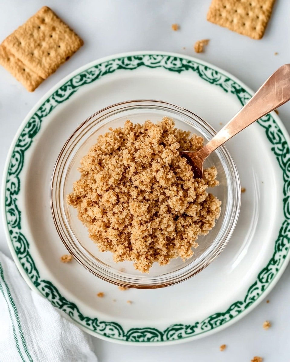 A clear glass bowl filled with crumbly, light brown streusel topping sits in the center of a white plate with a green thin border and small flower designs on its scalloped edge. To the top left, a copper spoon with more of the crumbly topping rests on a white towel with green stripes. On the top right, there is a small stack of light tan graham crackers. The whole setting is on a white marble surface with some crumbs scattered around. photo taken with an iphone --ar 4:5 --v 6.1