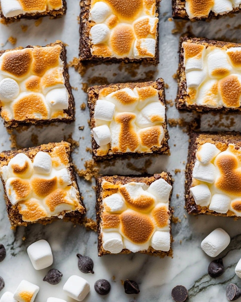 The image shows several square pieces of a dessert laid out on a white marbled surface. Each piece has three visible layers: a bottom crumbly golden crust, a middle dark brown chocolate layer, and a top layer of toasted marshmallows that are golden and slightly browned with a soft, puffy texture. Scattered around the squares are dark chocolate chips and a few loose white marshmallows. The close arrangement creates a warm, inviting look with contrasting colors and textures. photo taken with an iphone --ar 4:5 --v 6.1