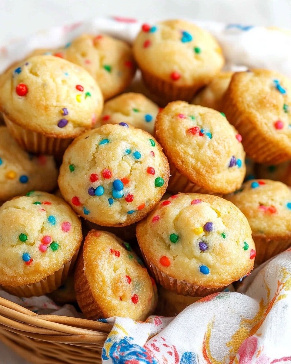 A close-up of three small round vanilla muffins with colorful sprinkles inside, held by a woman's hand. The muffins have a light golden top with spots of red, blue, yellow, and green sprinkles visible on the soft surface. In the background, more muffins are spread out inside a basket on a white marbled surface. The image shows the smooth texture of the muffins with a slightly browned edge. Photo taken with an iphone --ar 4:5 --v 6.1