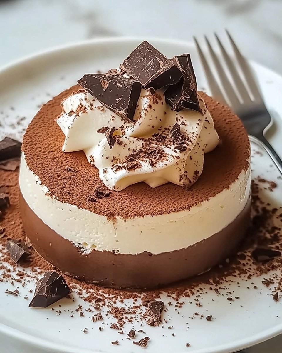 A round chocolate dessert sits in the center of a white plate, with three visible layers: a dark brown bottom layer with a dense, creamy texture, a middle layer that is lighter brown, and a top layer of white cream dusted generously with cocoa powder. On top of the cream, there are irregular chunks of dark chocolate scattered around, some lying on the plate near the dessert. The plate rests on a white marbled surface, and a piece of the dessert is being held by a fork on the right side. photo taken with an iphone --ar 4:5 --v 6.1