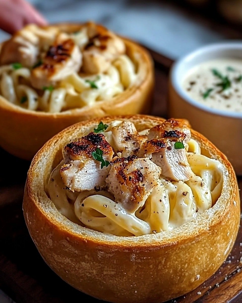 Three round hollow white bread bowls sit on a dark wooden tray over a white marbled surface, each filled with creamy pasta made of pale yellow tube-shaped noodles and topped with grilled white chicken pieces that have a light brown char. The pasta and chicken are garnished with small bits of chopped green herbs and lightly sprinkled with black pepper. The background shows blurred elements, including a small white sauce cup and a woman's hand picking up one bread bowl. The lighting is warm, highlighting the textures of the bread crust and creamy pasta. photo taken with an iphone --ar 4:5 --v 6.1