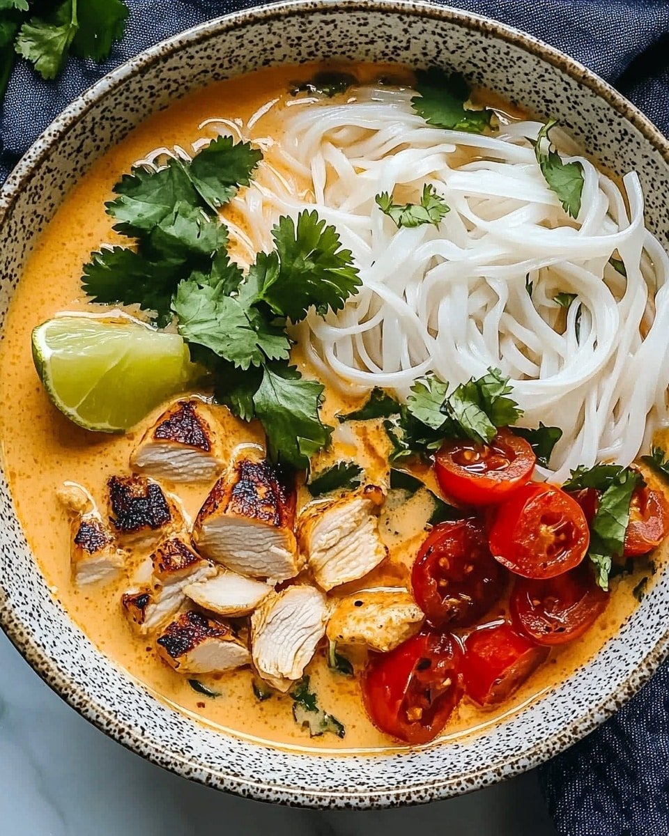 The image shows a bowl with an orange-colored creamy soup base filling most of the bowl. On top, there is a nest of white noodles placed on the right side. There are pieces of light brown cooked tofu or similar protein with a slight charred surface scattered in the soup near the left side of the bowl. Mixed inside the soup are small pieces of red bell pepper and green leafy herbs, likely cilantro, with a few whole cilantro leaves resting on the left side near the tofu. The bowl is rustic with a grey-blue inner surface, and the whole dish is set on a white marbled texture. photo taken with an iphone --ar 4:5 --v 6.1