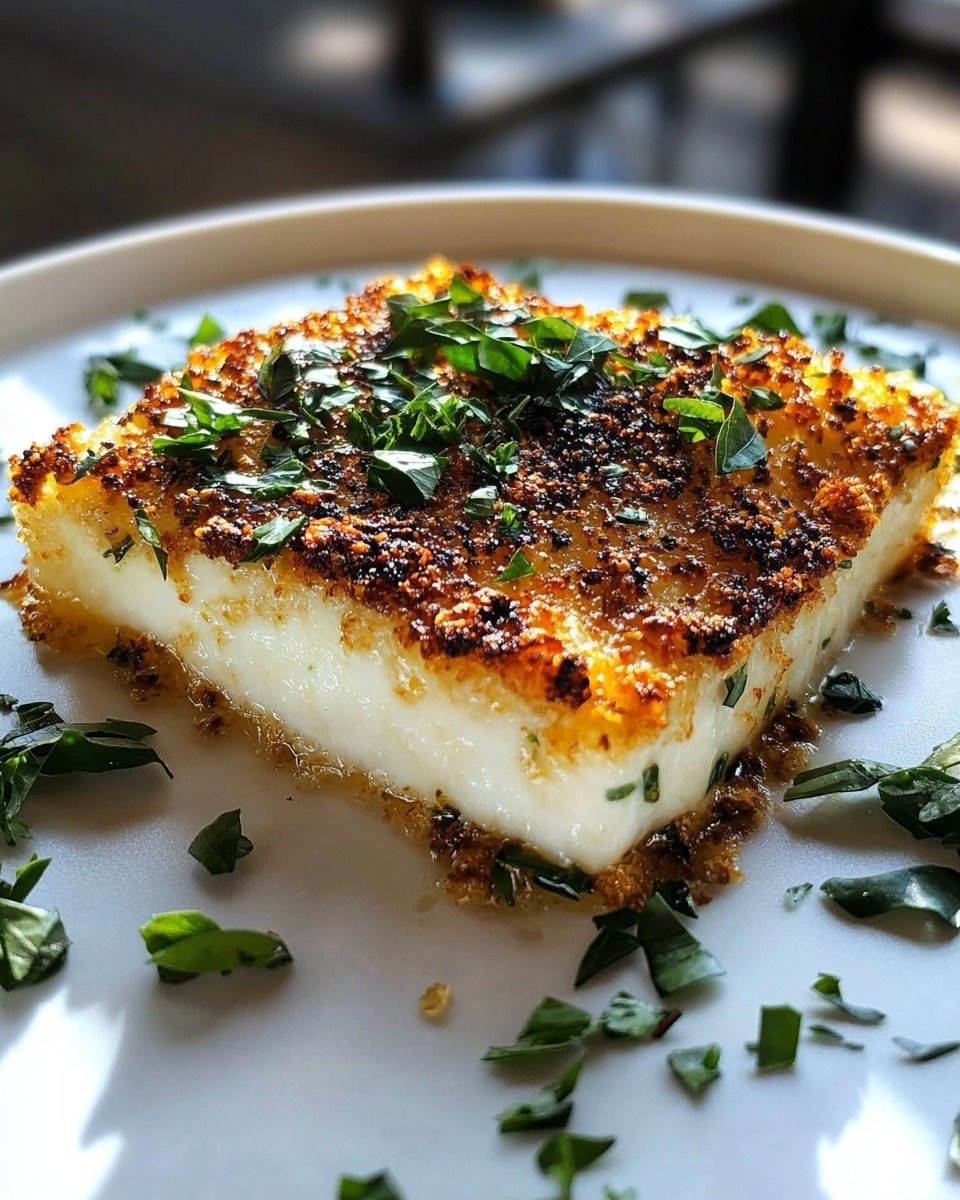 The image shows a close-up view of a single piece of food with two main layers. The bottom layer is white, soft, and flaky, while the top layer is crispy and golden brown, with a crunchy textured coating. Small green herb leaves are scattered on top and around the food, adding a fresh touch. The dish is placed on a smooth white plate that sits on a white marbled surface. Bright natural light highlights the textures and colors, giving the food a warm and inviting look. Photo taken with an iphone --ar 4:5 --v 6.1