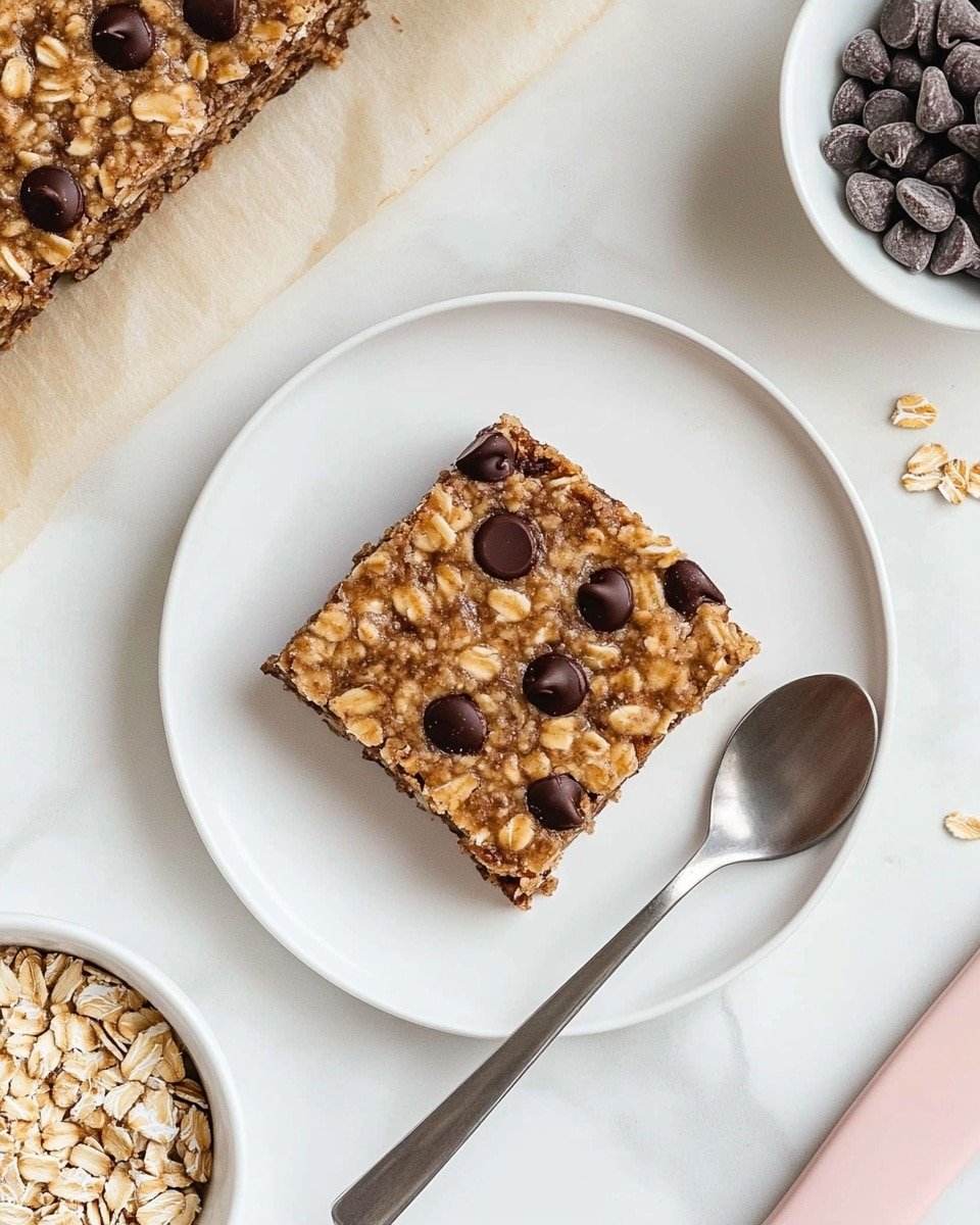 A single square piece of oatmeal chocolate chip bar sits in the center of a white plate, showing a textured top layer of oats and scattered shiny, dark chocolate chips embedded within the dense bar. Next to the bar on the right side of the plate is a small spoon with a silver bowl and black handle resting on the plate's edge. In the upper left corner of the image, part of a larger oatmeal chocolate chip bar on brown parchment paper is visible along with a knife that has a light pink handle and silver blade. In the bottom left and right corners, there are two white bowls, one filled with plain oats and the other with dark chocolate chips. All items are placed on a white marbled surface. photo taken with an iphone --ar 4:5 --v 6.1