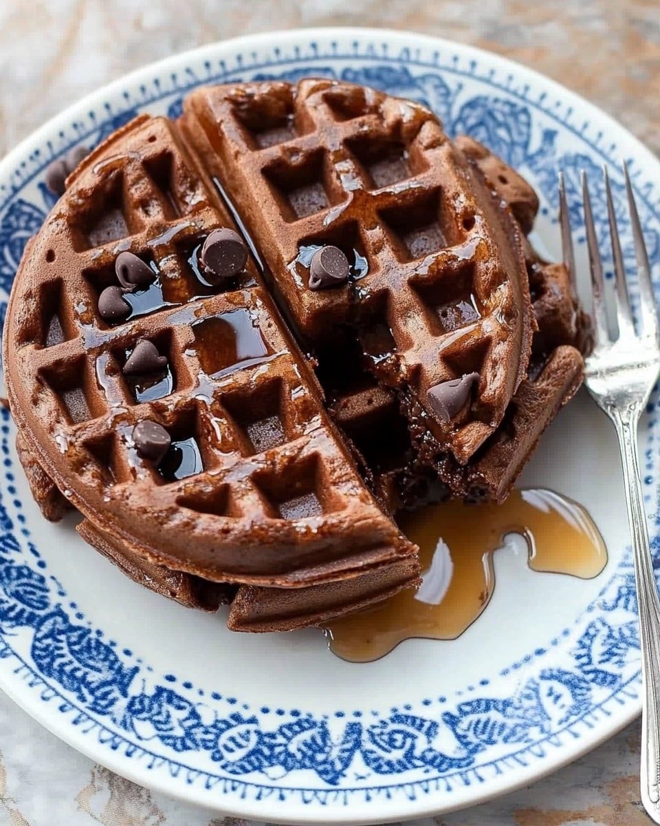 The image shows a close-up of a thick, warm chocolate waffle with a rich brown color and a slightly crispy texture on the outside. It's drizzled with a clear, shiny syrup that pools gently in the waffle's square pockets. A small piece of waffle has been cut and lifted by a silver fork, showing a soft, moist interior with melted chocolate bits. The waffle rests on a white plate with blue circular patterns, placed on a white marbled surface. photo taken with an iphone --ar 4:5 --v 6.1