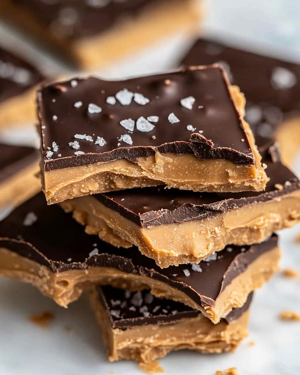 This image shows several pieces of a two-layer dessert. The bottom layer is thick, light brown, and smooth, with a soft texture that looks like peanut butter or caramel. The top layer is thin, dark brown chocolate that is solid and slightly shiny. Small pieces of coarse sea salt are scattered on the chocolate, adding texture and contrast. The pieces are irregularly shaped, broken from a larger slab, and are stacked close to each other over a white marbled surface. Photo taken with an iphone --ar 4:5 --v 6.1