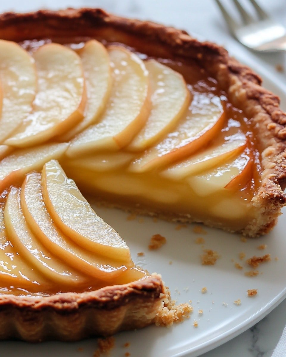 A close-up image of a round tart on a white plate, placed on a white marbled surface. The tart has a golden-brown crust with a slightly browned edge and a smooth, creamy pale yellow filling. On top, there are thin, slightly caramelized slices of apple arranged in a fan-like pattern. Part of the tart is missing, showing the soft filling inside and some crumbs on the plate. A fork lies next to the plate partially visible in the background. photo taken with an iphone --ar 4:5 --v 6.1