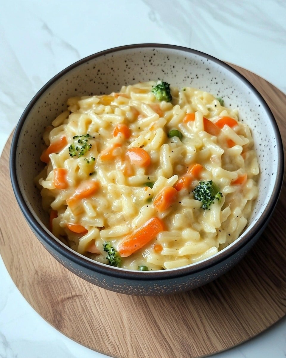 A beige bowl is filled with creamy orzo pasta mixed with small pieces of green broccoli and thin orange carrot shreds, all coated in a smooth light yellow sauce. The bowl is held by a woman's hand with red painted nails and placed on a round wooden board. The background has a white marbled texture. photo taken with an iphone --ar 4:5 --v 6.1
