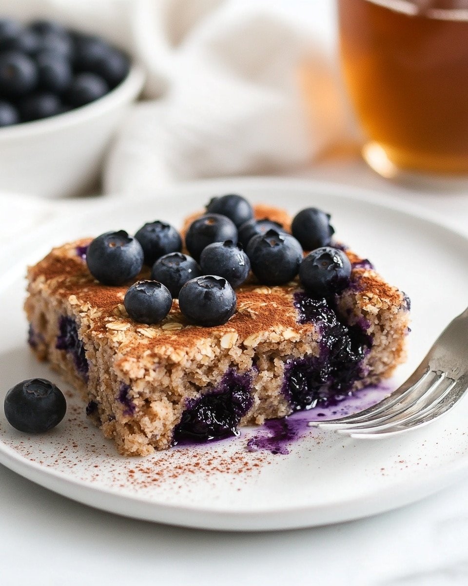 A square piece of baked oatmeal sits on a white plate with a subtle grid pattern, placed on a white marbled surface. The oatmeal has a beige, slightly grainy texture with visible oats throughout. On top, fresh dark blueberries are scattered, some with a light dusting of cinnamon powder, which is also sprinkled over the oatmeal's surface. Part of the side shows a hint of purple from blueberries baked inside. A few crumbs lie near the base of the oatmeal on the plate. Photo taken with an iphone --ar 4:5 --v 6.1