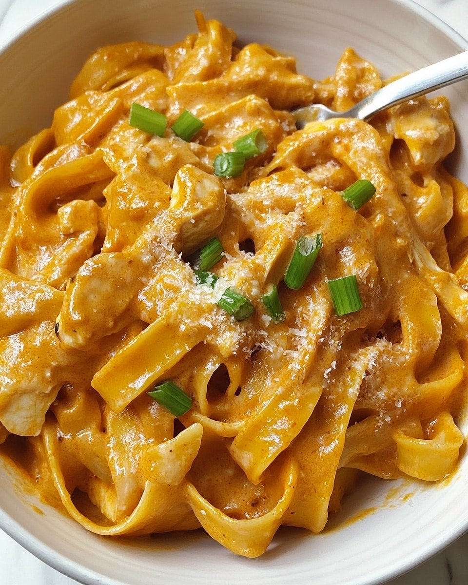 The image shows a close-up of a bowl of pasta with creamy orange sauce coating thick flat noodles. There are several pieces of light brown chicken mixed with the noodles, and bits of green onions sprinkled over the top. White grated cheese is scattered lightly on the noodles and chicken. The pasta is served in a white bowl with small black speckles, placed on a white marbled surface. A metal fork is partially inserted into the pasta on the right side, reflecting the colors of the dish. photo taken with an iphone --ar 4:5 --v 6.1