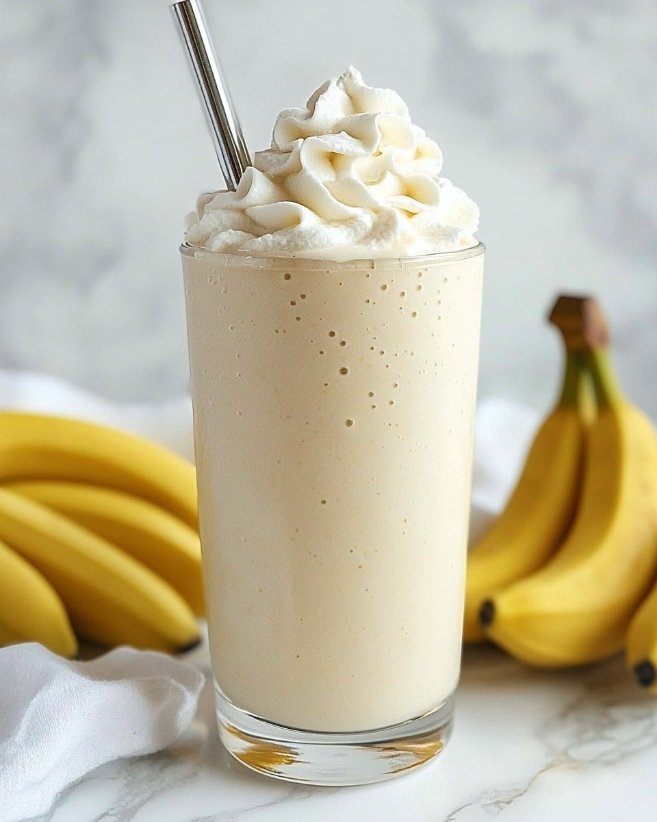 A tall clear glass filled with a creamy light yellow banana milkshake occupying the whole glass, topped with a thick swirl of white whipped cream. A silver metal straw is placed in the center of the whipped cream, rising straight up. The glass sits on a wooden slat surface with a bunch of bright yellow bananas and a white cloth in soft focus in the back, against a white marbled textured background. Photo taken with an iphone --ar 4:5 --v 6.1