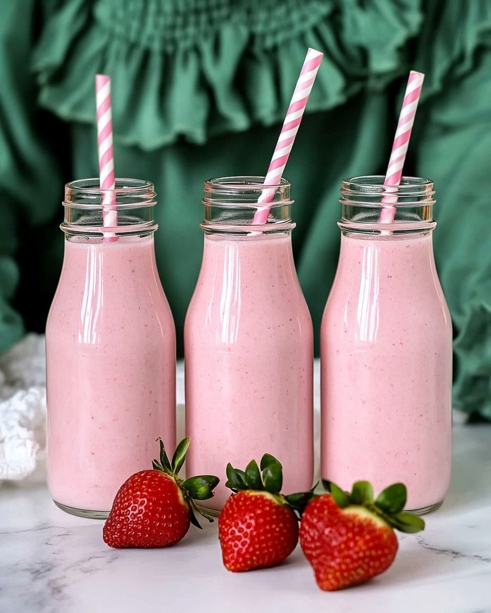 Three clear glass bottles are filled with smooth, light pink strawberry milkshake. Each bottle has a pink and white striped paper straw. The bottles are arranged close together on a white marbled surface. In front of the bottles, there are four fresh red strawberries, two whole and two cut in half to show the juicy inside. A woman's hand with polished nails is gently touching one of the bottles. The background shows a soft green fabric with ruffles, adding a cozy feel. photo taken with an iphone --ar 4:5 --v 6.1
