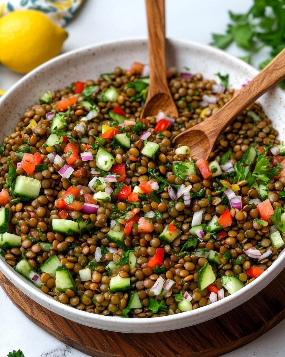 A white plate filled with a lentil salad sits on a round wooden board over a white marbled surface. The salad has one layer, made of small green lentils mixed with finely chopped red bell peppers, cucumber, red onions, and green herbs. Two wooden spoons with smooth brown texture rest in the salad, partly buried among the lentils and vegetables. A colorful cloth with yellow lemons and green leaves is placed partially under the wooden board. The scene is bright and fresh, with a focus on the natural colors of the ingredients. photo taken with an iphone --ar 4:5 --v 6.1