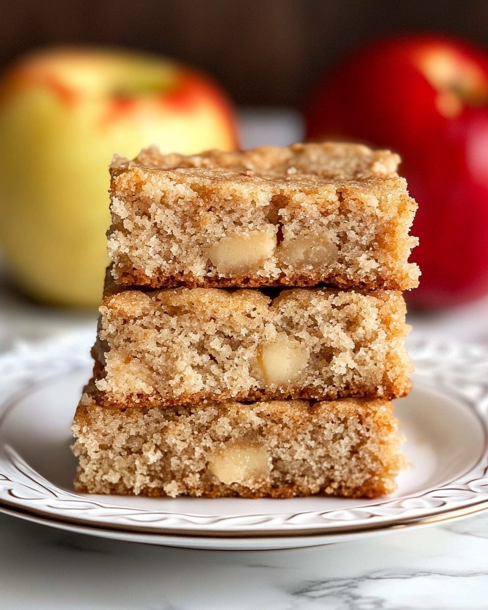 Three square pieces of light brown cake with a soft, crumbly texture are stacked on a white plate with a slight decorative edge. The cake shows small chunks of a lighter ingredient inside, giving it a mixed, uneven surface. In the back, a blurry red and yellow apple adds a pop of color against a white marbled background. The photo taken with an iphone --ar 4:5 --v 6.1