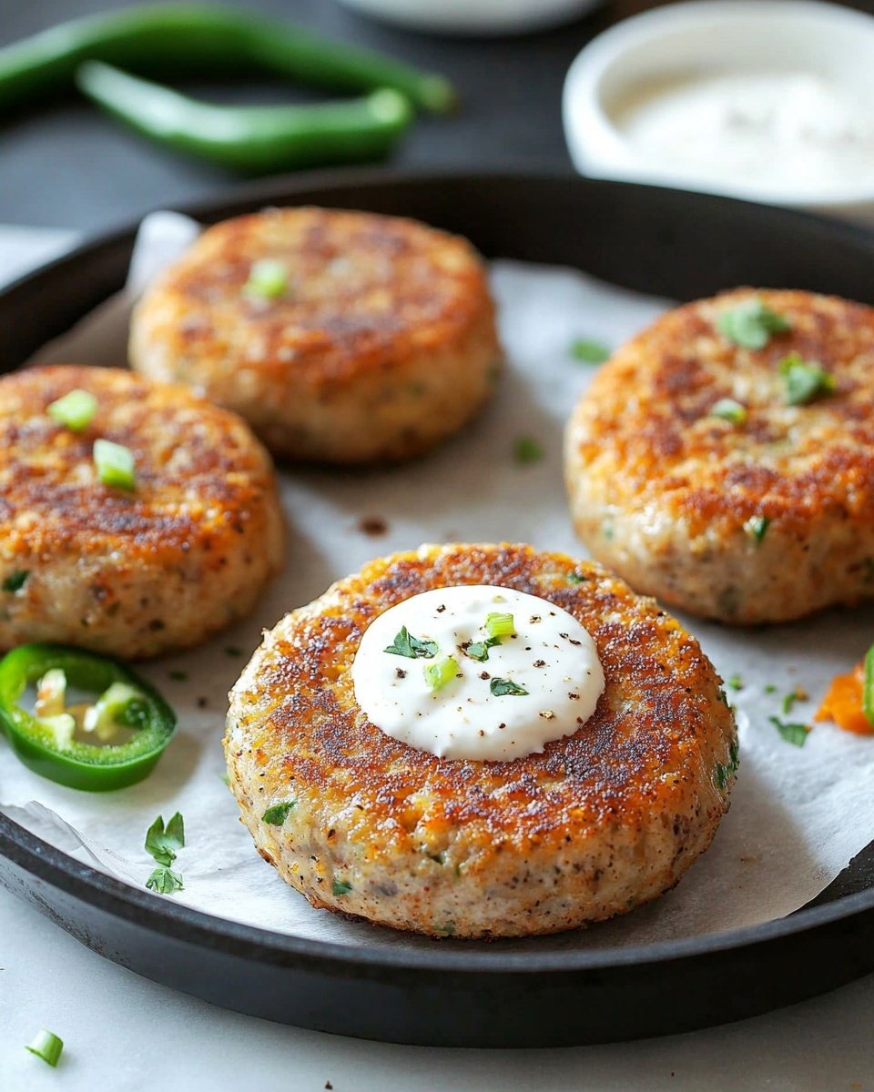 The image shows four golden brown patties with a slightly crispy outside resting on white parchment paper in a black pan. Each patty is round and thick, with a visibly textured surface showing small herbs and spices mixed in. The closest patty has a small round well in the middle filled with a white creamy sauce, topped with a slice of green chili and a drizzle of orange sauce. A sliced green chili is placed on the white marbled surface near the pan. In the background, out of focus, there are two whole green chilies and a white bowl with a white sauce. The photo taken with an iphone --ar 4:5 --v 6.1