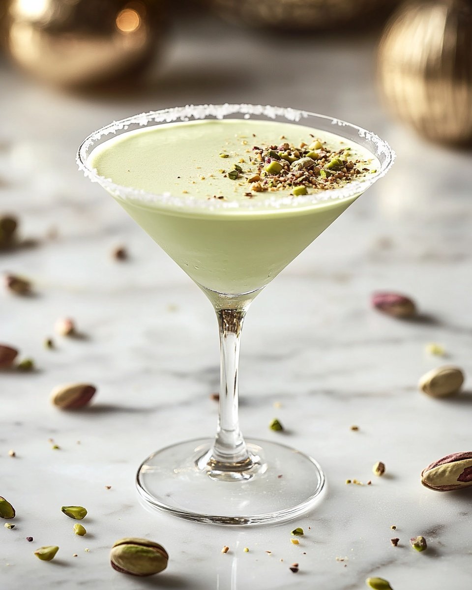 A clear glass cocktail glass is filled with a smooth, pale green drink. The drink is topped with a layer of crushed pistachios in various shades of green and brown, and the rim of the glass is coated with a fine white salt or sugar. The glass sits on a white marbled surface scattered with whole and crushed pistachios and a few pistachio shells. In the background, there is a blurred golden pitcher and decorative golden objects. Photo taken with an iphone --ar 4:5 --v 6.1