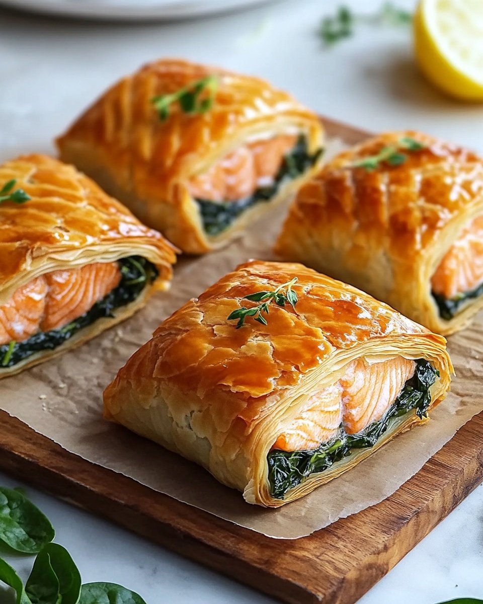 The image shows four square-shaped pastries with a shiny golden brown top layer, each topped with a small green herb sprig. Inside, there is a visible salmon pink layer resting on a bed of dark green leafy vegetables, all wrapped in a light, flaky, and layered pastry that is golden on the outside and pale on the inside. The pastries sit on a piece of parchment paper placed on a light wooden board, with some fresh green herbs scattered around the board. In the background, there is a white marbled surface with a dark bowl holding lemon slices and another dark bowl blurred out. The photo is taken with an iphone --ar 4:5 --v 6.1