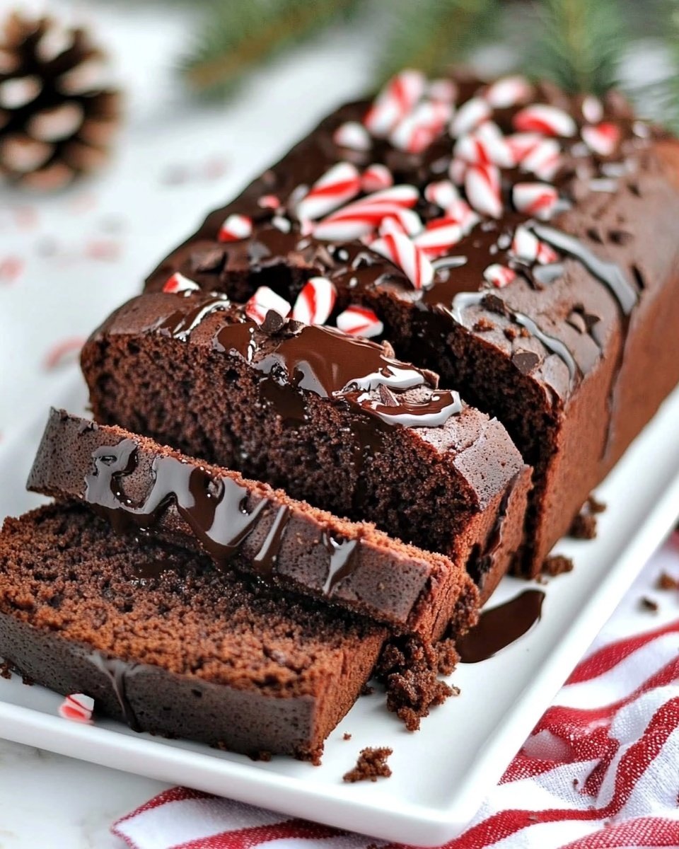 A chocolate loaf cake with four thick slices laid out on a white rectangular plate, each slice showing a dense, moist brown texture filled with small chocolate chips. The top of the cake is decorated with a drizzle of dark chocolate sauce and sprinkled with crushed pieces of red and white peppermint candy and additional chocolate chips. The plate sits on a white marbled surface covered partially with a red and white striped cloth. In the background, green pine branches and brown pine cones add a festive touch. Photo taken with an iphone --ar 4:5 --v 6.1