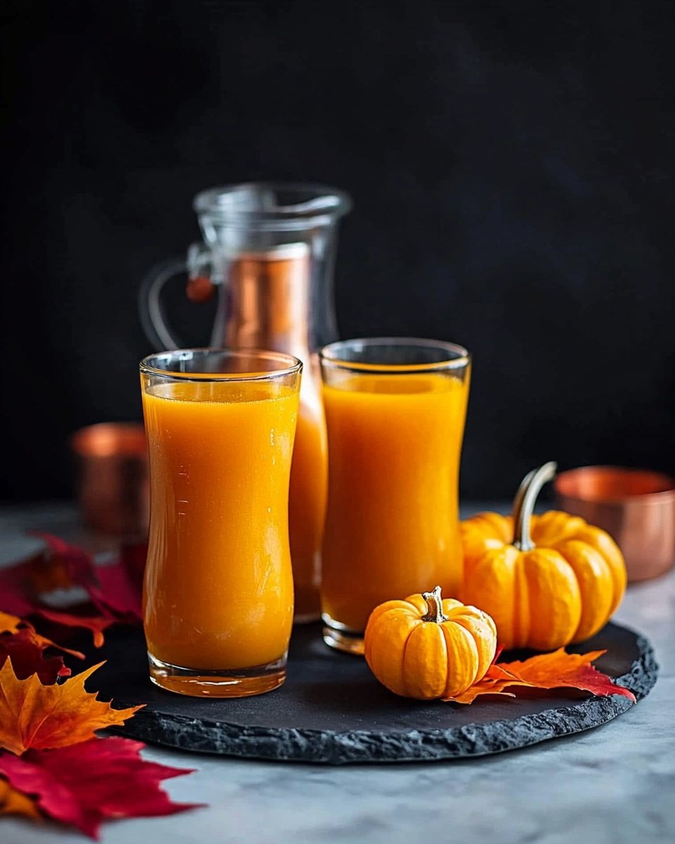 The image shows two tall clear glasses filled with a bright orange drink, each with one large ice cube floating on top and small silver spoons resting inside. Behind them is a clear bottle filled with the same orange drink, sealed with a small orange pumpkin attached at the top. The glasses and bottle sit on a dark, round slate tray placed on a white marbled surface. Scattered around the tray are small orange pumpkins and red and yellow flower petals, adding color to the scene. photo taken with an iphone --ar 4:5 --v 6.1