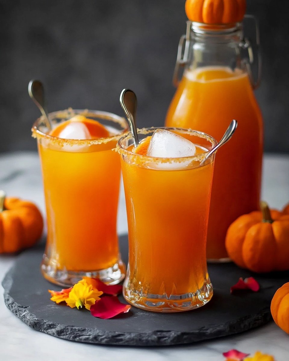 The image shows two tall clear glasses filled with smooth orange-colored juice placed on a round black slate plate with autumn leaves and two small orange pumpkins nearby. Behind the glasses, a clear glass bottle is also filled with the same orange juice and has a small orange pumpkin resting on its neck. The background is dark, and the surface is white marbled texture. There are two copper-colored cups blurred in the background. Photo taken with an iphone --ar 4:5 --v 6.1