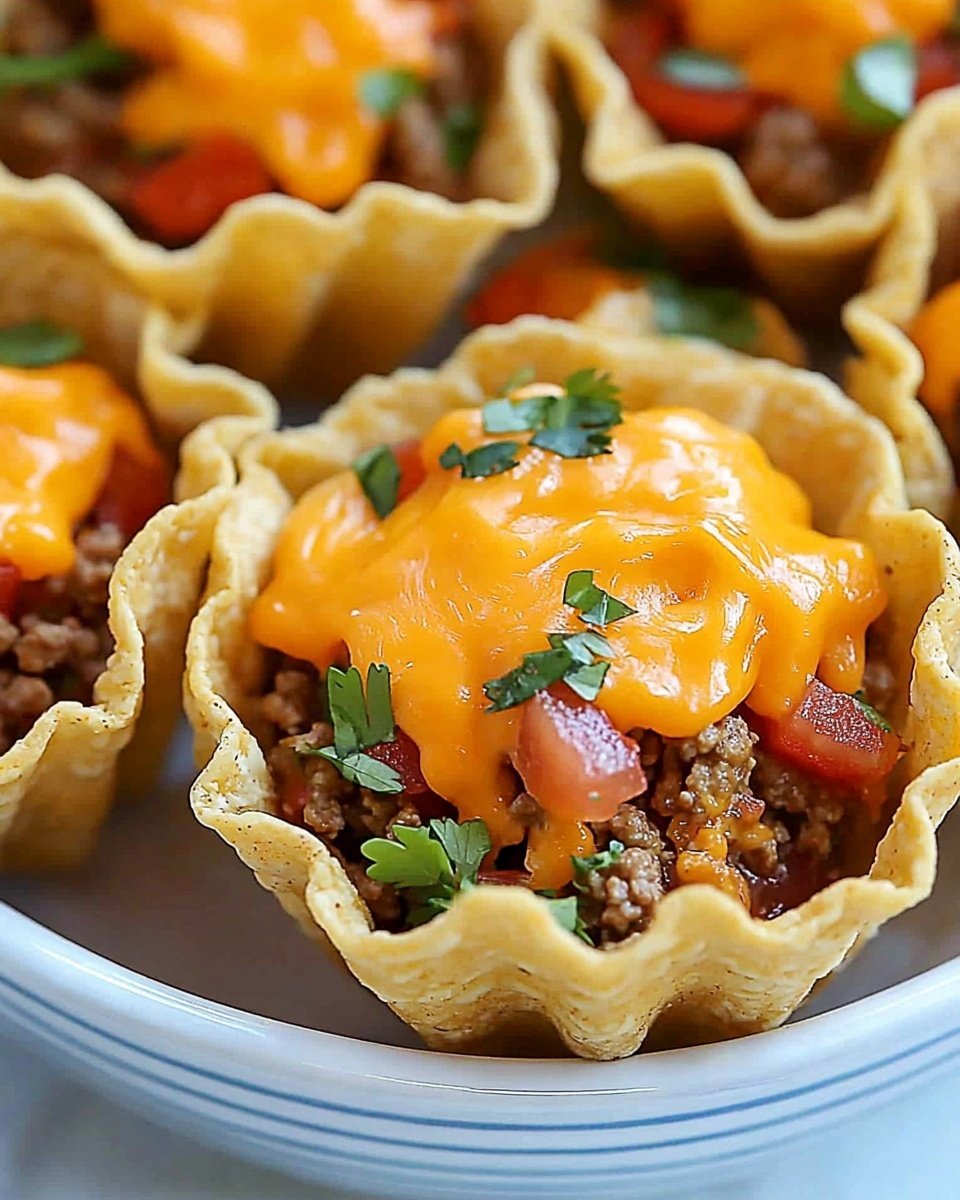 The image shows several small taco cups made from crispy, light golden tortilla shells with ruffled edges. Inside each shell, there is a layer of cooked ground meat mixed with small pieces of red tomato and green herbs. On top of the meat, there is melted orange cheddar cheese, slightly glossy and covering the filling unevenly. Some taco cups have small garnishes of chopped fresh green herbs on top. The taco cups are placed close together in a white bowl with blue stripes, and the background is a white marbled surface. Photo taken with an iphone --ar 4:5 --v 6.1