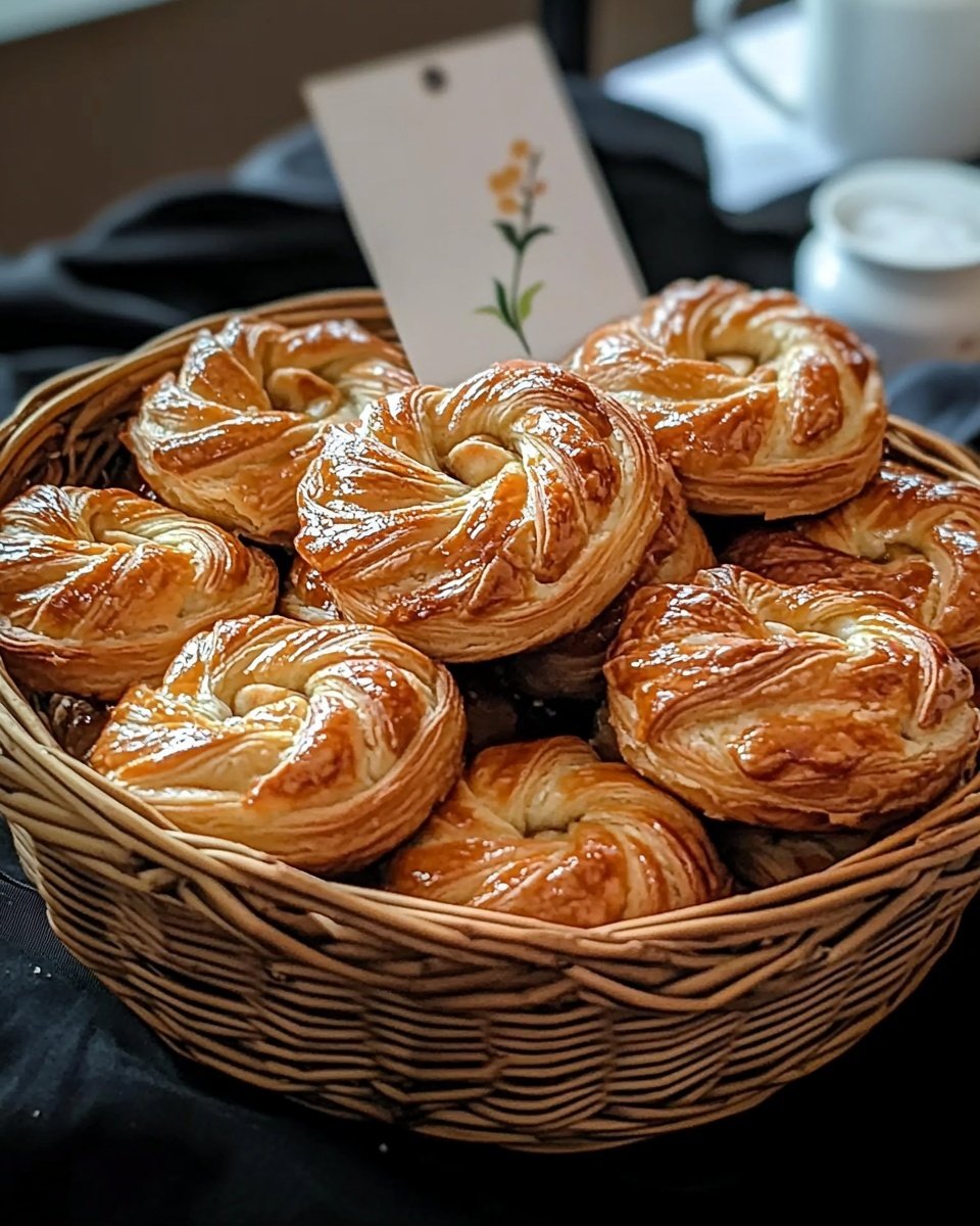 A round wicker basket filled with several golden brown pastries that have a shiny, flaky crust and a braided decoration on top. The pastries are layered close together, showing crispy textures with slight browning on the edges. The basket sits on a black cloth with a white marbled surface underneath, and a white cup and folded cloth are visible in the blurred background. A small white tag with flowers and handwriting leans against the basket. Photo taken with an iphone --ar 4:5 --v 6.1
