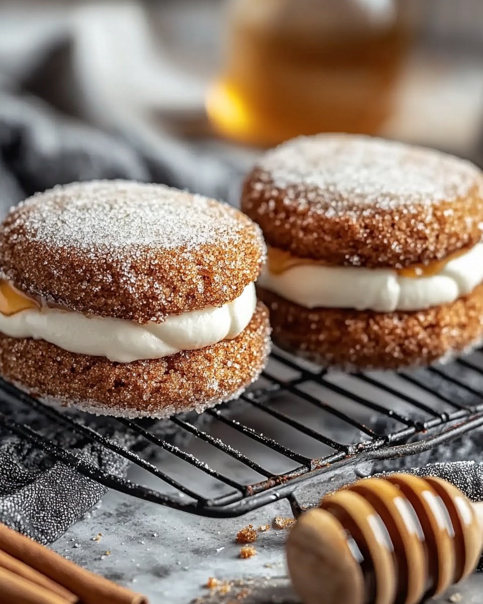 Two round cinnamon sugar-coated sandwich cookies sit on a black wire rack over a wooden board. Each sandwich has three layers: the top and bottom are the golden-brown cookies dusted with sugar and cinnamon, and in the middle are two layers—first a thick creamy white layer, then a shiny amber honey layer dripping slightly at the edge. The front cookie is in clear focus while the second is blurred in the background. In the foreground, dark cinnamon sticks and a wooden honey dipper rest on a soft grey cloth. The background is soft and gray. photo taken with an iphone --ar 4:5 --v 6.1