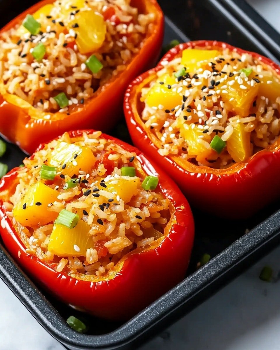 The image shows a black baking tray holding three stuffed peppers on a white marbled surface. There are two red bell pepper halves in the back and one larger yellow bell pepper half in the front. Each pepper is filled with a mixture of rice, small yellow chunks (likely pineapple), and shredded light-colored meat. The top of the filling is sprinkled with black and white sesame seeds and small green onion pieces, adding texture and color contrast. The peppers' shiny, smooth skin contrasts with the soft, slightly moist filling inside. The photo taken with an iphone --ar 4:5 --v 6.1