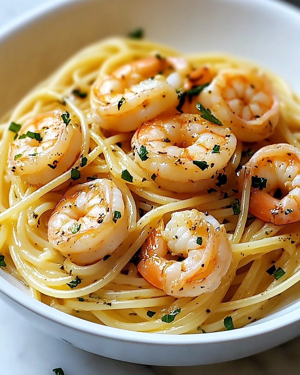 A white bowl filled with spaghetti pasta forms the base layer, showing a smooth and slightly shiny yellow color. On top, there are several cooked shrimp, orange with a slight pink tint, each curled and glossy with light seasoning. Scattered all over the dish are small green bits of parsley, adding color contrast. The surface beneath the bowl is a clean white marble texture. photo taken with an iphone --ar 4:5 --v 6.1