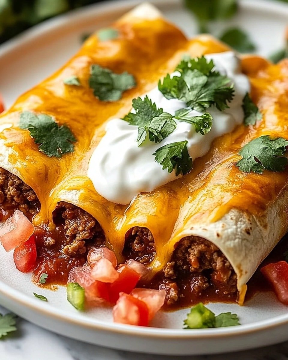 This image shows a white baking dish filled with rolled tortillas that are filled with a brown meat sauce. The tortillas are layered side by side in one layer, covered with melted yellow and white cheese on top. There is a thick, white cream sauce laid in a long strip down the middle of the dish, topped with small red tomato pieces and green chopped herbs scattered over the cream and cheese. The dish is sitting on a white marbled surface with some green herbs visible in the background. Photo taken with an iphone --ar 4:5 --v 6.1