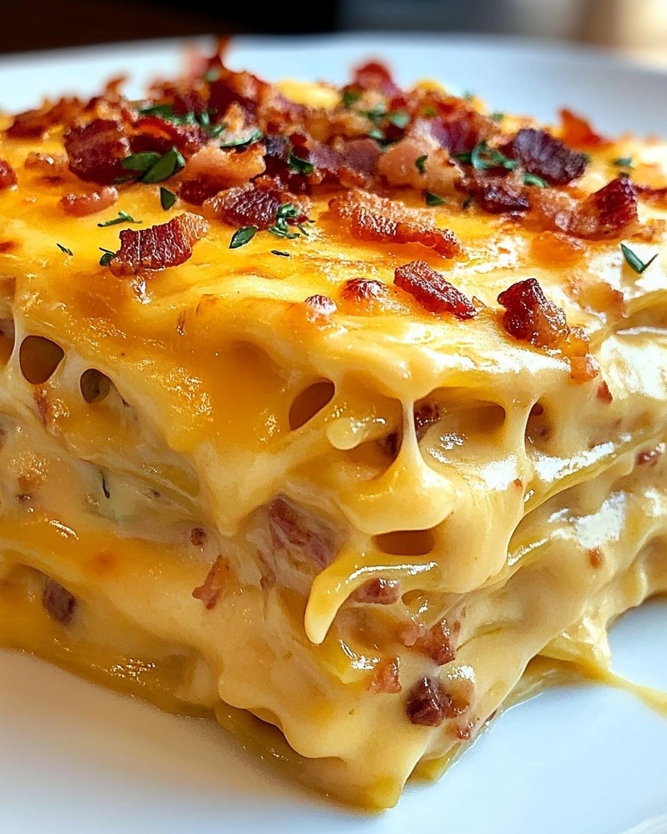 A close-up view of a creamy layered pasta dish with around four layers of thick noodles, each coated in a rich, smooth orange-yellow cheese sauce. Small bits of browned bacon and herbs are scattered on top, adding texture and color with reddish-brown and green specks. The edges show melted cheese stretching and dripping slightly over the sides. The dish sits on a clean white plate with a shiny surface, and the background features a white marbled texture. Photo taken with an iphone --ar 4:5 --v 6.1