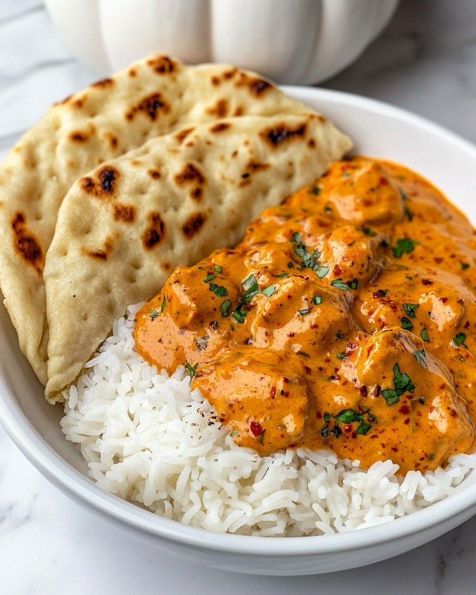A white bowl holds a three-layer dish placed on a white marbled surface. The bottom layer is white rice sprinkled lightly with chopped green herbs. Resting on the rice, on the right side, is a thick orange creamy curry sauce with small pieces of food covered in it, speckled with herbs and red pepper flakes. On the left side of the bowl, there are folded pieces of light tan naan bread, showing slight brown toasted spots. In the background, there is a white ceramic pumpkin decoration. Photo taken with an iphone --ar 4:5 --v 6.1