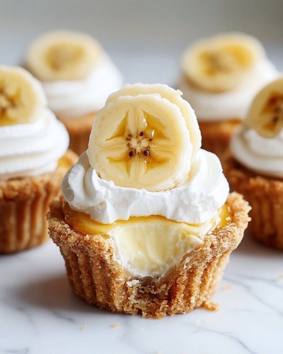 The image shows a close-up of a small tart with three clear layers. The bottom layer is a crumbly, golden brown crust, holding the tart together in a round shape. Above the crust is a smooth, creamy light beige filling that looks soft and shiny. The top layer is a fluffy white whipped cream that is piped in a star-shaped pattern. On top of the whipped cream are two small yellow fruit slices with darker red centers and seeds, arranged side by side. There is also a droplet of clear honey on the whipped cream between the fruit slices. The tart sits on a white marbled surface, and other similar tarts can be seen out of focus in the background. photo taken with an iphone --ar 4:5 --v 6.1