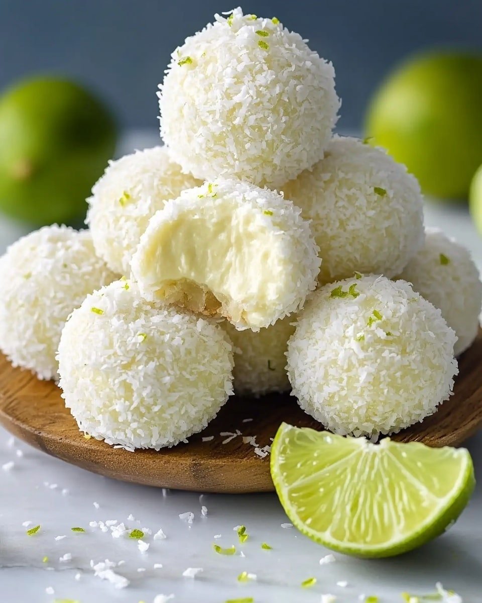 A small group of round, white balls covered with shredded coconut is stacked in a pyramid on a white plate with a wooden base, placed on a white marbled surface. One ball at the bottom front is bitten, revealing a smooth, creamy pale yellow inside. Next to the bite ball, a halved lime shows its bright green inside with visible segments. In the background, there are two lime wedges blurred for depth. The white coconut flakes have tiny specks of green lime zest scattered on top of the balls, adding contrast. The scene is softly lit, making the textures clear and fresh. photo taken with an iphone --ar 4:5 --v 6.1