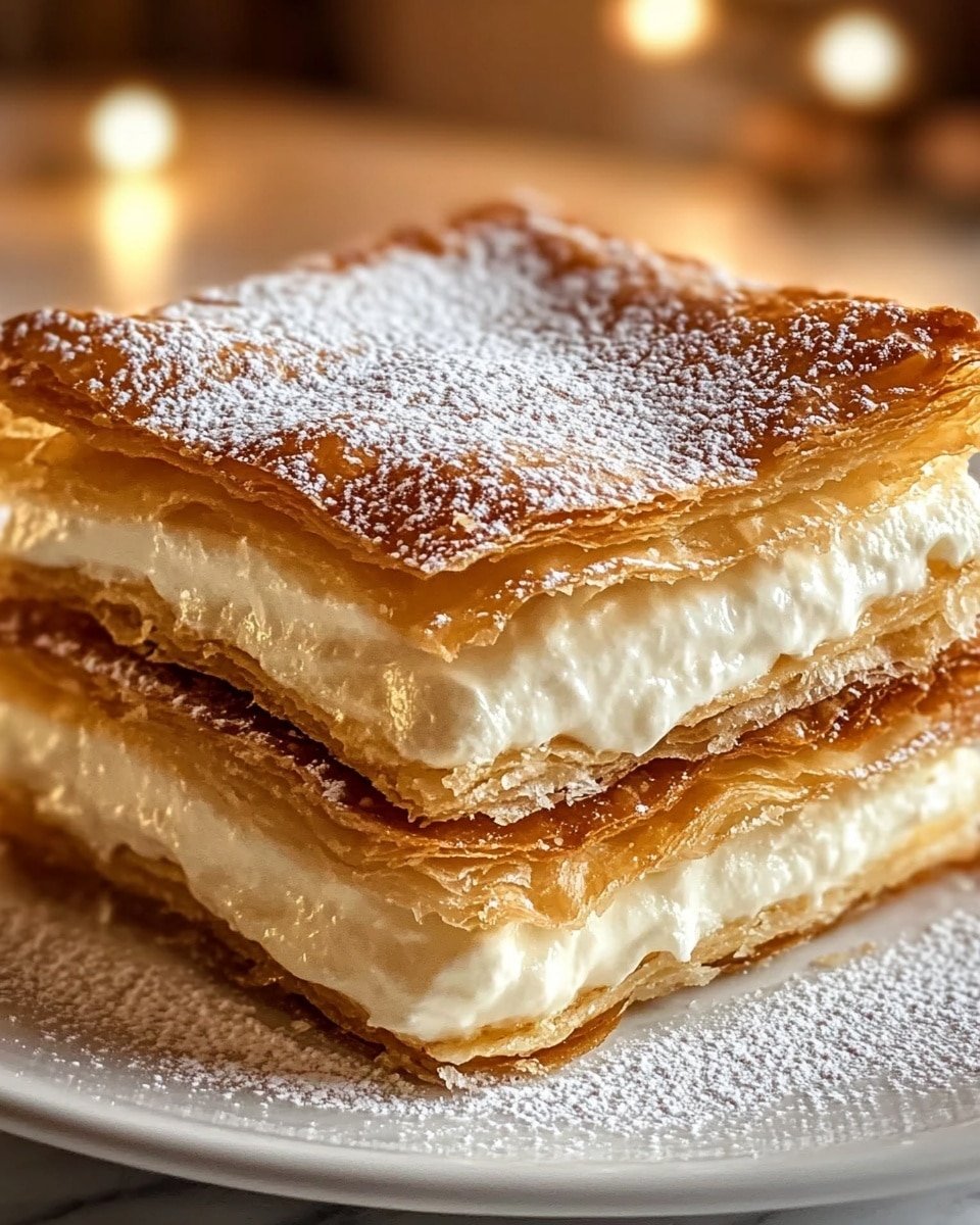 A stack of three square layers of crispy golden-brown pastry with light, flaky texture shows rich white cream filling between each layer. The top pastry is dusted with white powdered sugar, which also lightly coats the white plate below. The background has warm, soft lights that create a cozy feel and the dish sits on a white marbled surface. photo taken with an iphone --ar 4:5 --v 6.1