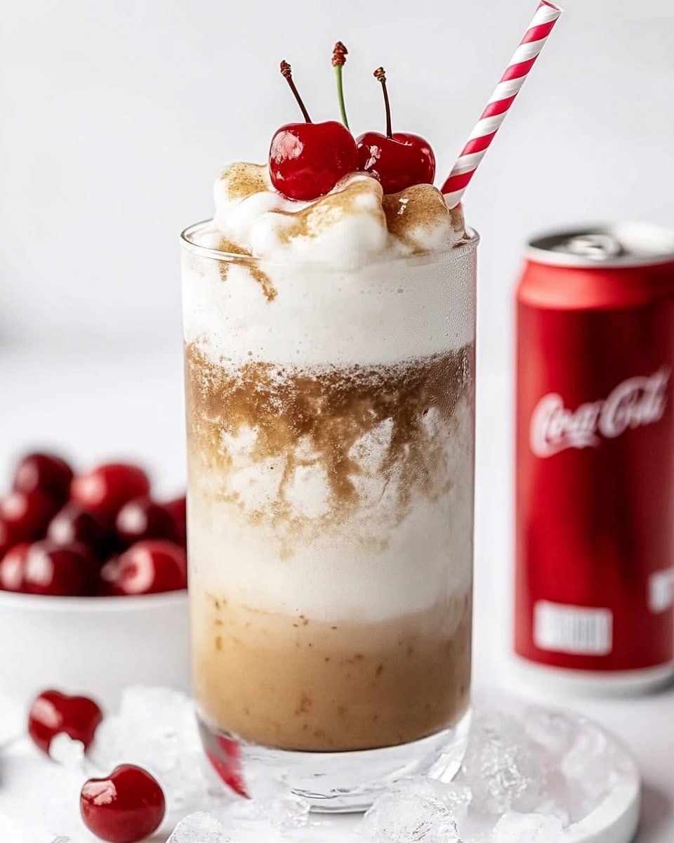 A tall clear glass shows a three-layer drink starting with a creamy white base at the bottom that is smooth and thick. The middle layer is a light brown with a bubbly, foamy texture merging into the top layer, which is a darker brown with a frothy, fluffy texture and small ice cubes mixed in. A bright red cherry with a stem sits on top as garnish, beside two striped straws, one with red and white stripes and the other with pink and white stripes, sticking out from the glass. The glass rests on a white tray filled with crushed ice, with a white bowl of red cherries and some scattered cherries nearby. Two red soda cans are blurred in the white marbled background. photo taken with an iphone --ar 4:5 --v 6.1