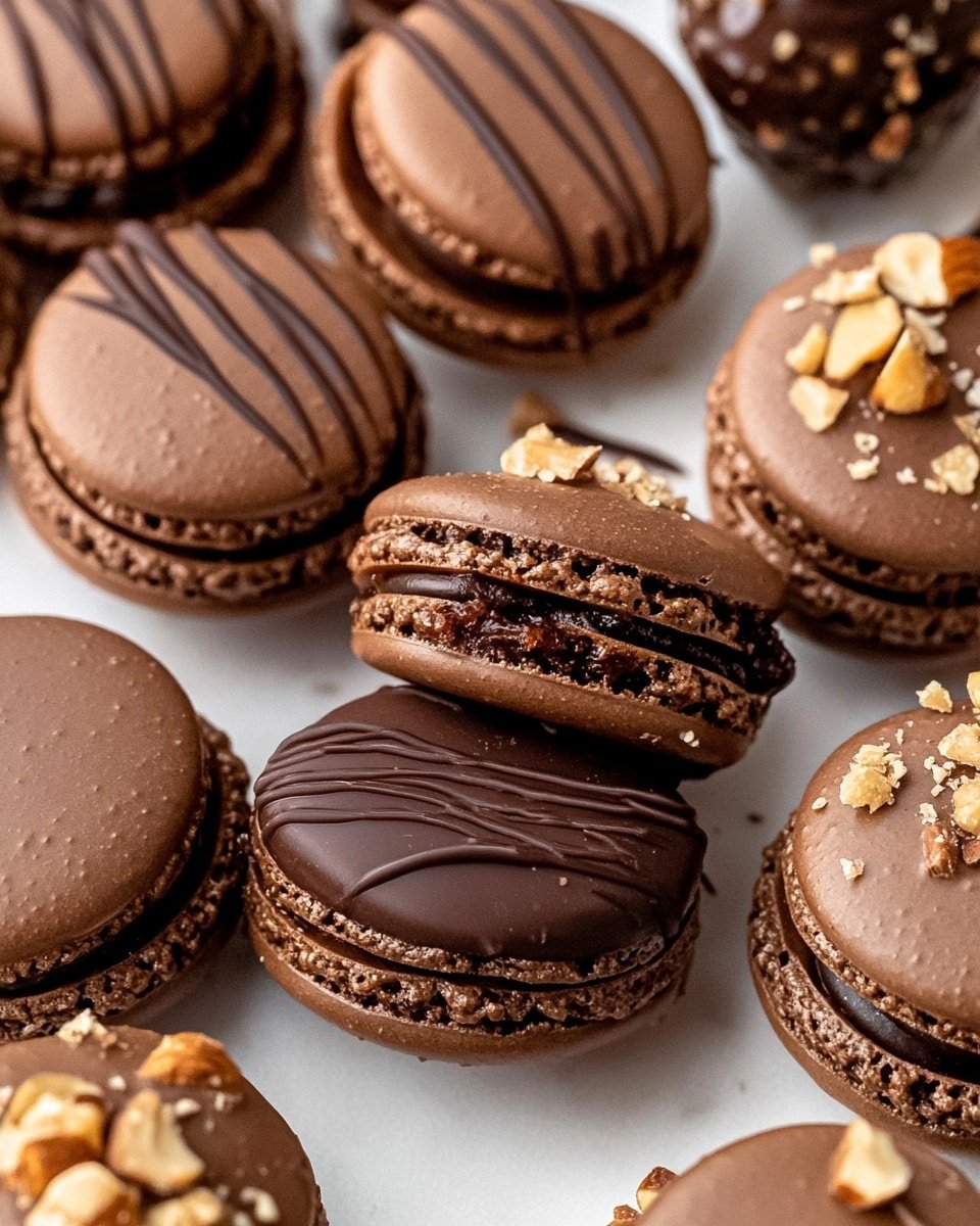 The image shows a close-up of several rich chocolate macarons arranged closely together on a white marbled surface. Each macaron has two smooth, brown shells with a textured edge sandwiching a thick layer of dark chocolate filling. Some macarons are topped with drizzled dark chocolate lines and small pieces of golden flakes and crushed nuts sprinkled over half of the top shell. One macaron has a swirl of dark chocolate frosting with nut pieces on top. In the center, there is a round chocolate candy with a bumpy texture. The overall look is dense, glossy, and decorated with crunchy nut bits, creating a mix of smooth and rough textures. photo taken with an iphone --ar 4:5 --v 6.1