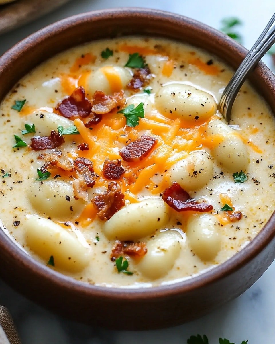 The image shows a deep brown bowl filled with creamy soup that has a smooth, light beige color base. Floating in the soup are several white gnocchi pieces, soft and plump, evenly spread across the bowl. On top, there are small, crispy bits of dark reddish-brown bacon scattered with melted yellow-orange cheese strands stretching slightly from a spoon scooping the soup. There are also small green parsley leaves sprinkled on the top, adding a fresh pop of color. The spoon is silver and partially inside the bowl, lifting some gnocchi and cheese. The bowl is placed on a white marbled surface with a blurry spoon in the background. Photo taken with an iphone --ar 4:5 --v 6.1